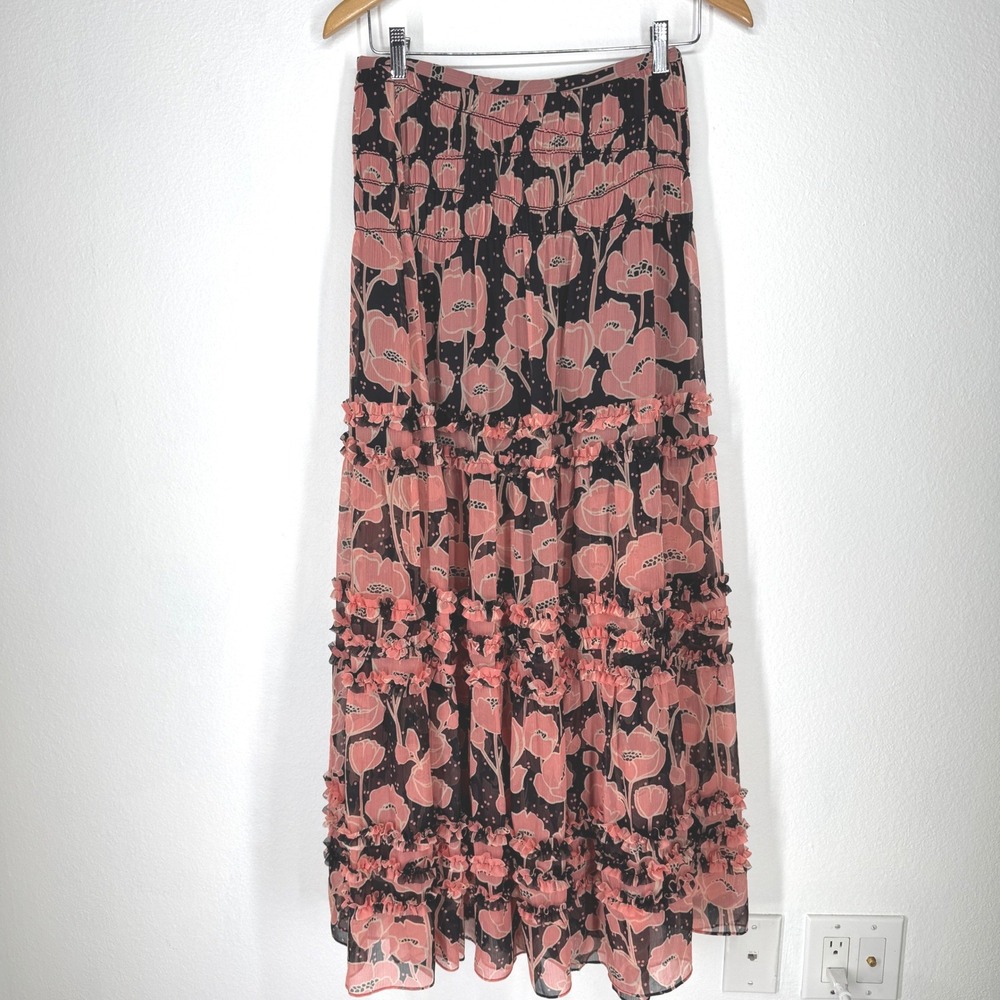 Ted Baker Floral Tiered Chiffon Ruffle Full Maxi Skirt 4 Fairy Feminine Cottage